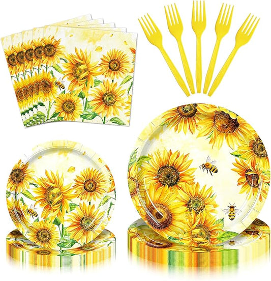 100 Pieces Sunflower Bee Party Tableware Set – Sunflower Plates, Napkins and Forks, Yellow Floral Disposable Dinnerware for Birthday, Baby Shower and Garden Party Supplies