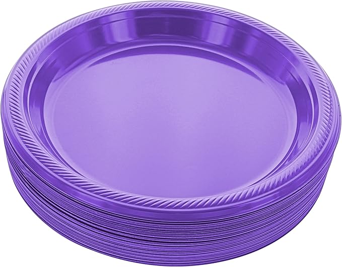 Amcrate Disposable Plastic Plates Purple, 10.4 Inches Plastic Dinner Plates, Strong and Sturdy Disposable Plates for Party, Dinner, Holiday, Picnic, or Travel Party Plates, Pack of 50