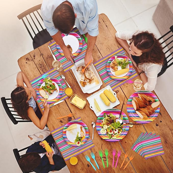 96 Pieces Mexican Fiesta Party Tableware Set - Colorful Serape Stripe Disposable Dinnerware with Paper Plates, Napkins, Plastic Forks - Cinco de Mayo, Taco Tuesday, Birthday, BBQ Party Supplies