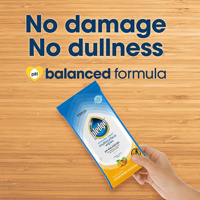 Pledge Multisurface Cleaning Wipes, pH Balanced, Fresh Citrus, 25 Count (Pack of 12)