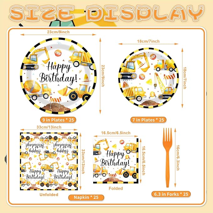 100 Pieces Construction Birthday Party Tableware Set – Truck Disposable Plates, Napkins and Forks, Excavator Dump Truck Party Supplies for Boys Birthday and Construction Theme Decorations