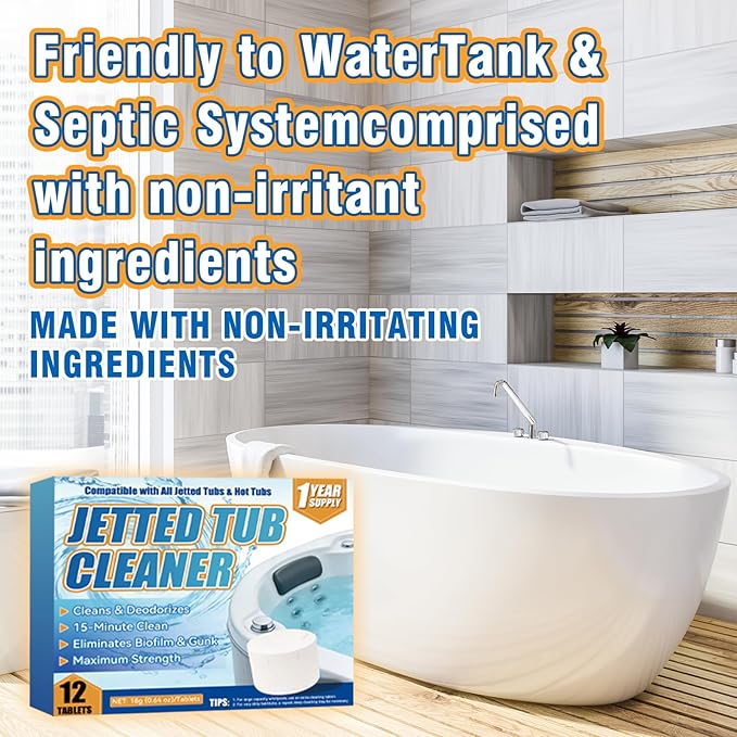 Jetted Tub Cleaner Bathtub Tabs, 12 Heavy Duty Jetted Tub Cleaner，Compatible with Jets, Tubes, Whirlpool & Spa Bath System，No Harsh Chemicals, Professional Septic Safe Solution