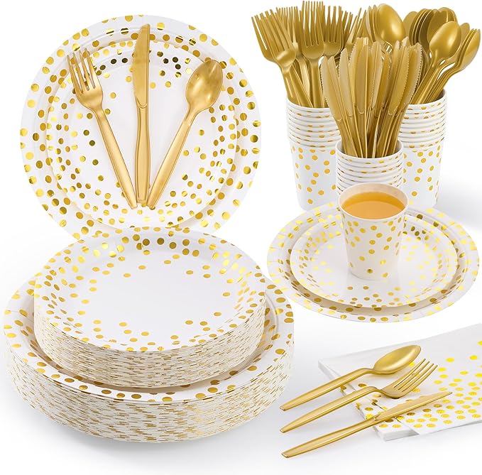 Fijinhom White and Gold Dot Paper Plates Set, 175 PCS Party Supplies, Disposable Dinnerware Set for 25 Guests, Gold Dot Paper Plates Napkins Cups Gold Plastic Forks Knives Spoons for Christmas