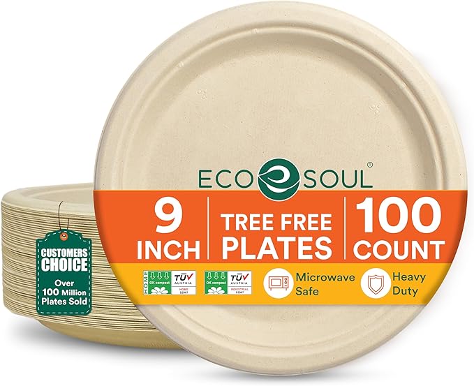 ECO SOUL Compostable Paper Plates 9 Inch, 100 Pack – Heavy Duty Disposable Dinner Paper Plates, Natural Bagasse, Leak-Resistant, Microwave Safe, Eco-Friendly Round Plates for Parties & Catering