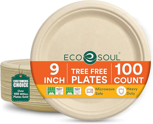 ECO SOUL Compostable Paper Plates 9 Inch, 100 Pack – Heavy Duty Disposable Dinner Paper Plates, Natural Bagasse, Leak-Resistant, Microwave Safe, Eco-Friendly Round Plates for Parties & Catering