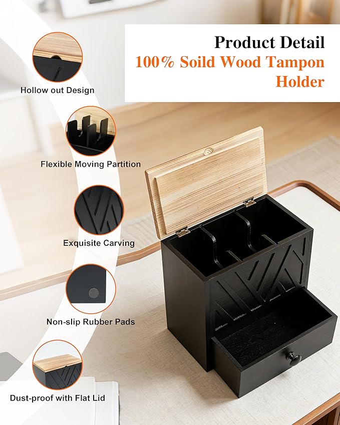 Tampon Holder for Bathroom Decor Feminine Product Organizer With Lid & Drawer Shark Week Box Girl Stuff (1, BLACK)