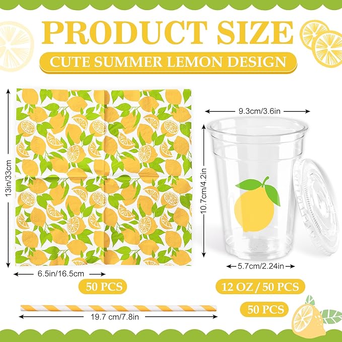 FYSUIMU 150 Pcs Summer Tableware Set for 50 Guests Yellow Lemon Paper Napkins Disposable Plastic Cups with Lids and Straws for Holiday Birthday Baby Shower Party Supplies