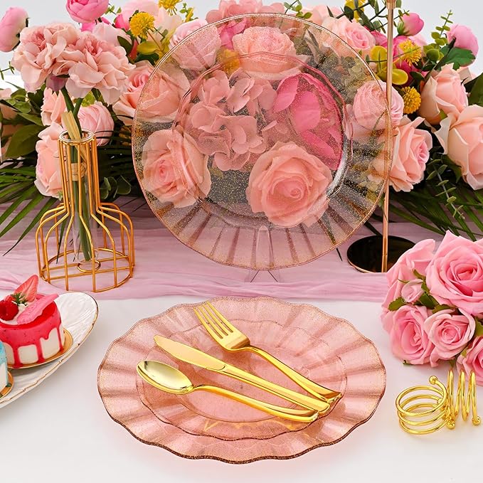 60Pcs Premium Pink Plastic Plates, Fancy Clear Pink and Gold Glitter Disposable Plate, Elegant Wedding Plate Set include 30 Dinner & 30 Dessert Plates for Wedding（30Guests）