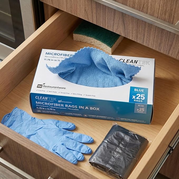 Restaurantware-Clean Tek Professional 11.81 x 11.81 Inch Microfiber Rags In a Box, 25 Absorbent Cleaning Cloths - No-Scratch, Blue Microfiber Reusable Edgeless Cleaning Towels, Leaves No Streak