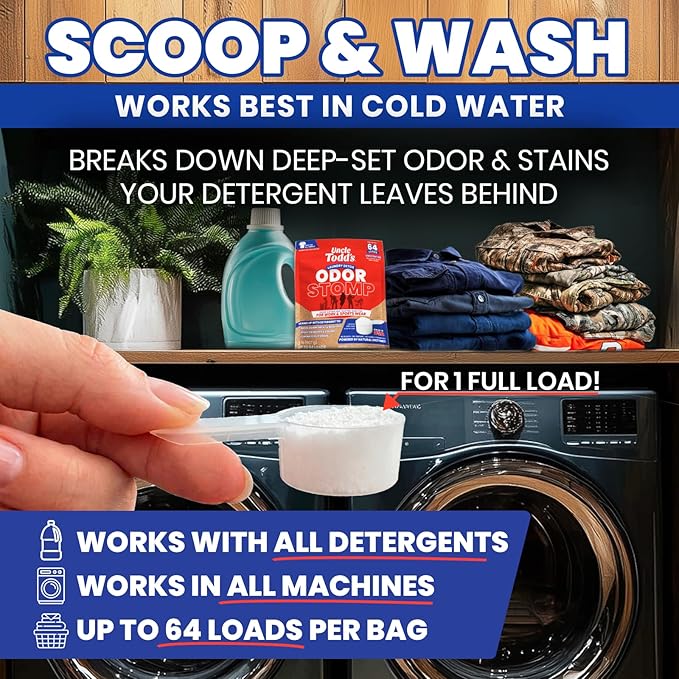 Uncle Todd’s Bio Enzyme Laundry Booster - 2 lb (64 Loads) Odor Stomp Laundry Sanitizer Additive - Clothes Stain Remover - Removes Sweat, Body Odor & Tough Stains - Fragrance Free, Works in Cold Water