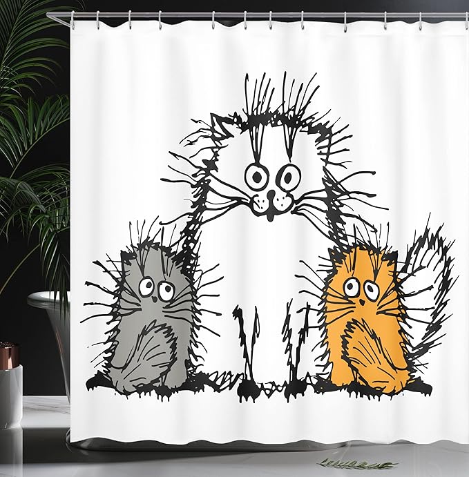 Ambesonne Sketchy Shower Curtain, Fluffy Cat Family with Mother Babies Feline Animal Humor Illustration, Cloth Fabric Bathroom Decor Set with Hooks, 69" W x 75" L, Orange White Grey