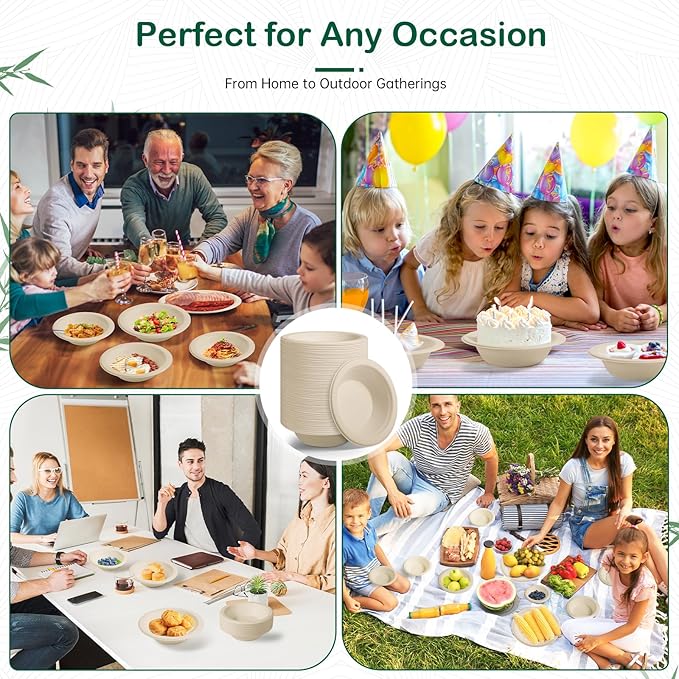 16 oz 128-Pack Compostable Paper Bowls, Disposable Salad & Soup Bowls, Heavy-Duty Bagasse Bowls for Pasta, Chili & Rice, Microwave & Freezer Safe, Eco-Friendly (Natural)