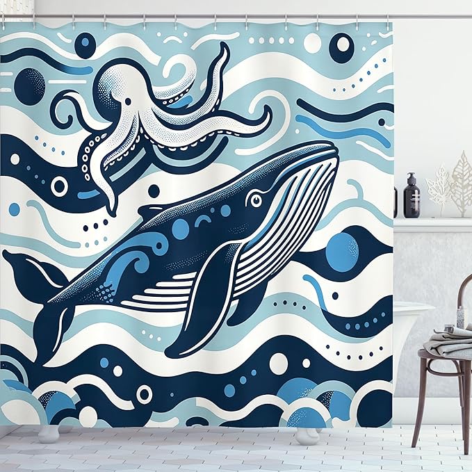 Ambesonne Nautical Shower Curtain, Simple Cartoon Illustration of Funny Ocean Waves Whale and Octopus Characters, Cloth Fabric Bathroom Decor Set with Hooks, 69" W x 84" L, Sea Blue White