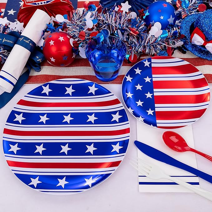 Festiva 175Pcs 4th of July Plates & Red White Blue Disposable Plastic Silverware &Clear Blue Cups-American Flag Patriotic Party Supplies for,4th of July&Memorial Day