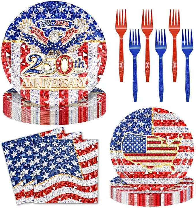 96 Pieces 250th Anniversary Plates and Napkins Patriotic Tableware Set, American Flag Disposable Paper Plates, Napkins, Forks for 4th of July Party Veterans Day Memorial Day Party Supplies- Serves 24