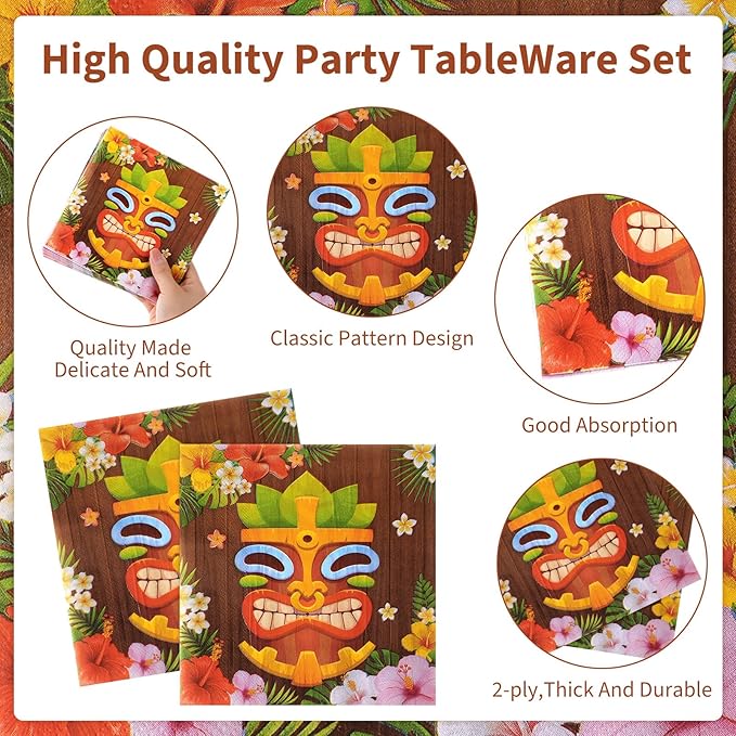 Pickmesh 400 Pcs Hawaiian Tiki Bar Party Supplies - Disposable Tiki Plates and Napkins, Cups and Cutlery Party Favor Hawaiian Luau Decorations for 50 Guests