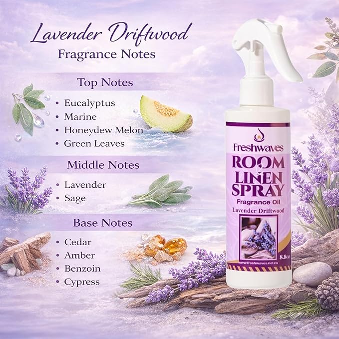 Freshwaves Room & Linen Spray | Lavender Driftwood | White Trigger Air Spray Freshener | Odor Eliminator | Air Freshener Spray | 8.8oz