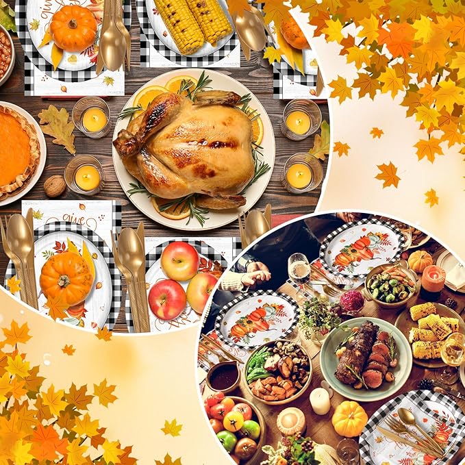 Havawish 350 Pcs Fall Thanksgiving Party Supplies Give Thanks Tableware Set Black White Buffalo Plaids Pumpkin Disposable Oval Plates Cups Napkins Fork Knife Spoon Dinnerware for Autumn Table Decor