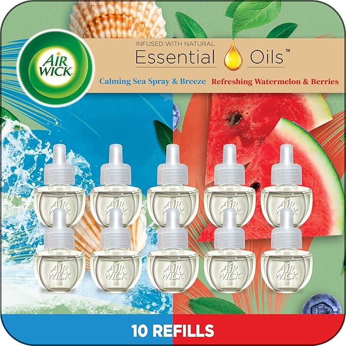 Air Wick Plug in Scented Oil Refill, 10ct, Calming Sea Spray Breeze & Fresh Watermelon, Air Freshener, Essential Oils