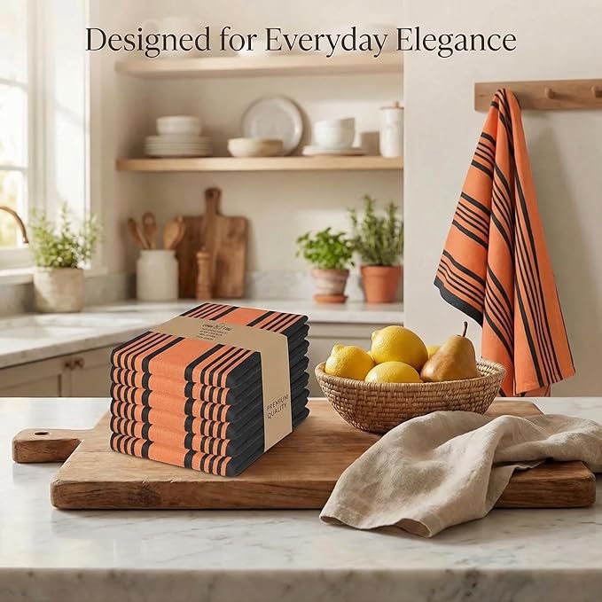 Urban Villa Halloween Kitchen Towels 100% Cotton Set of 6 Dish Towels - 20x30 Inches Highly Absorbent Quick Drying Dish Towels for Kitchen with Hanging Loop Hand & Tea Towels (Orange & Black Striped)