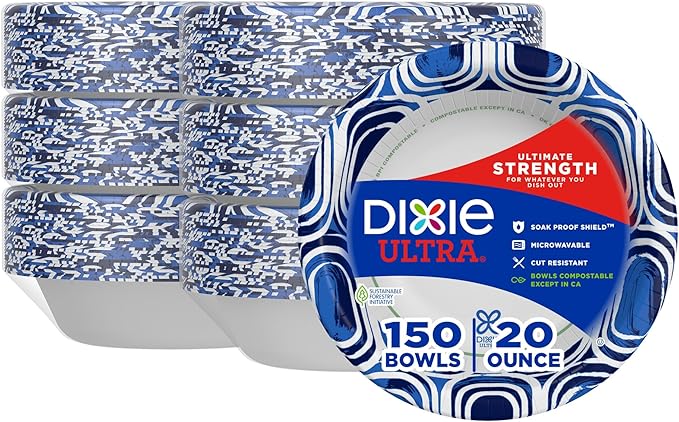 Dixie Ultra, Large Paper Bowls, 20 Oz, 150 Count (6 packs of 25 bowls), Microwave Safe, Compostable, Disposable Bowls Great For Breakfast, Lunch, And Dinner Meals