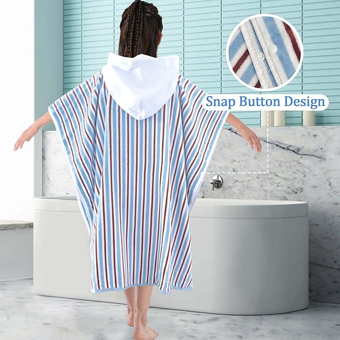 VOOVA & MOVAS Hooded Poncho Towel for Teens Unisex 100% Cotton Classic Nautical Beach Swim Bath Cover Up Red Blue Stripe