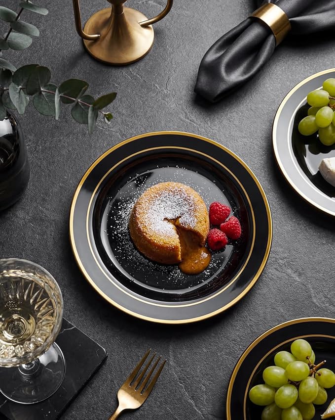 bUCLA 200PCS Black and Gold Plastic Plates - 6.25inch Black with Gold Rim Disposable Dessert/Salad/Appetizer/Small Cake Plates - Ideal for Party & New Year