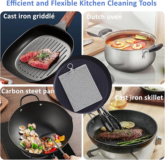 316L Stainless Steel Cast Iron Scrubber Cleaner,Chain Mail Scrubber with Silicone Insert,for Cast Iron Skillet, Cleaning Steel Skillet, Wok, Carbon Steel (8CM*10CM)
