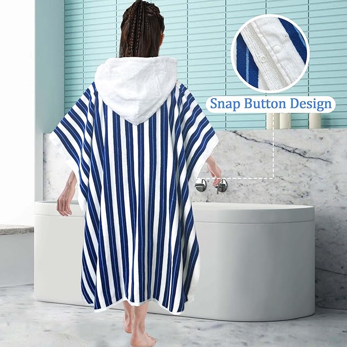 VOOVA & MOVAS Hooded Poncho Towel for Teens Unisex 100% Cotton Durable Timeless Beach Pool Swim Cover Up Navy Blue Bold Stripe