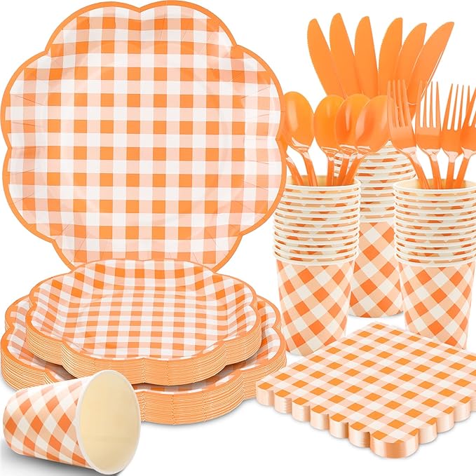 175 Pcs Orange and White Gingham Party Supplies - Orange Gingham Paper Plates and Napkins Sets Serve 25 - Disposable Scalloped Checkered Plates for Birthday Dinner Picnic BBQ Fall Party Decorations