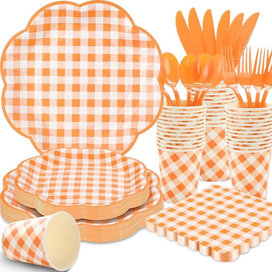 175 Pcs Orange and White Gingham Party Supplies - Orange Gingham Paper Plates and Napkins Sets Serve 25 - Disposable Scalloped Checkered Plates for Birthday Dinner Picnic BBQ Fall Party Decorations