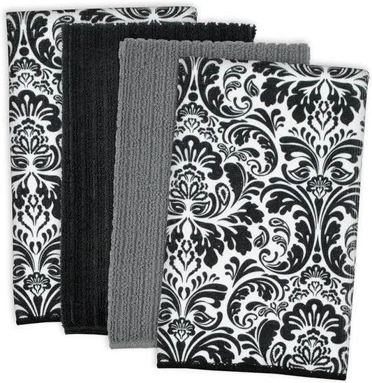 DII Cleaning Collection Multi-Purpose Microfiber, Black Damask, Dishtowel Set