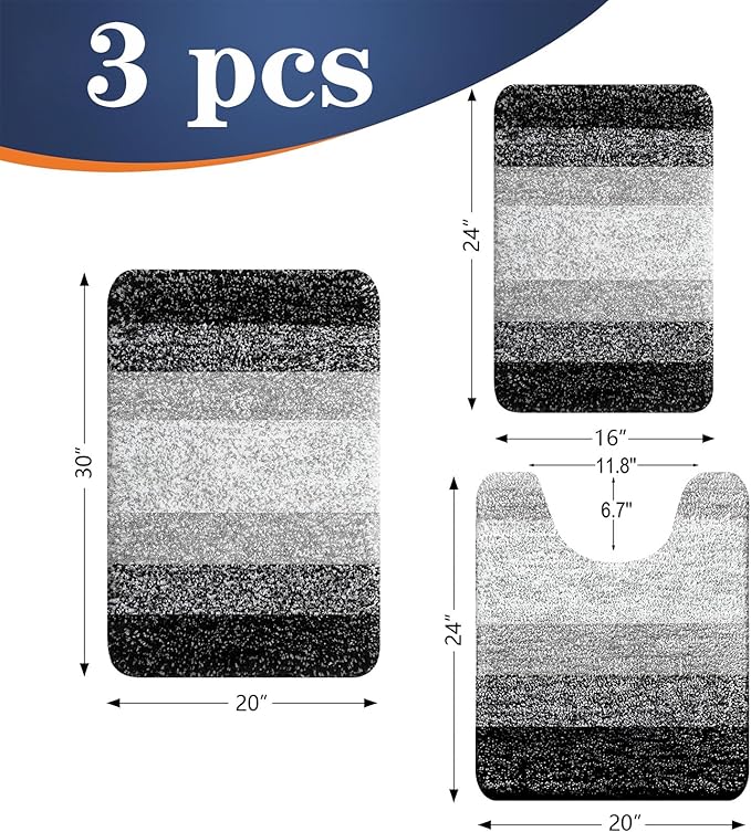 OLANLY Bathroom Rugs Sets 3 Piece, Soft Absorbent Microfiber Bath Mats and U-Shaped Contour Toilet Rug, Plush Shaggy Bath Mat Set for Bathroom (30"x20"+24"x16"+24"x20", Black)