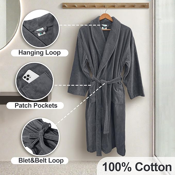 VOOVA & MOVAS Towel Robe for Men Women,Premium 100% Cotton Terry Shawl Collar Super Absorbent Unisex Bathrobe, Ideal Bathroom Robe,Gray