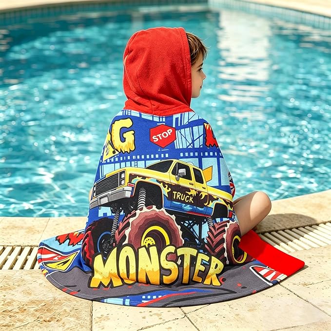Hooded Towels for Kids - Superfine Fiber Monster Truck Toddler Hood Bath Towels Beach Hooded Poncho Absorbent Pool Toddler Swim Bath Wrap for Boys & Girls 3-10 Years Beach Essentials, 50*30 inches