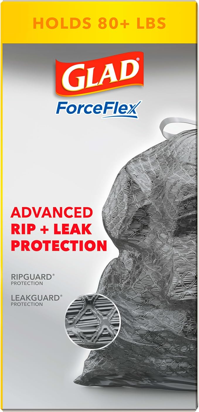 Glad ForceFlex Heavy Duty Large Trash Bags, Hold 80+ lb, 30 Gal, 25 Count, (Pack of 2), (Package May Vary)