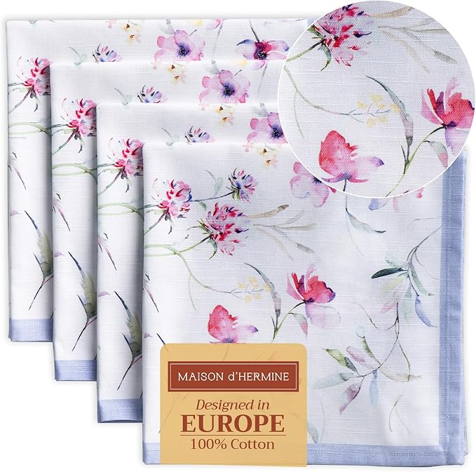 Maison d' Hermine 100% Cotton Cloth Napkins Set of 4 Everyday Reusable Square Napkins Cloth Washable Dinner Party Wedding Restaurant Hotel Kitchen Spring Summer (Summer Floral, 20" x 20")