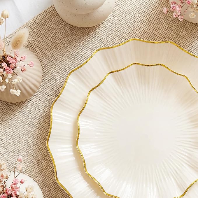 U-QE 150PCS Ivory and Gold Plastic Plates with Gold Disposable Silverware for 30 Guests, Vintage Ivory Plastic Plates Include 30 Dinner Plate,30 Dessert Plate,90 Cutlery for Bridal Shower, Party