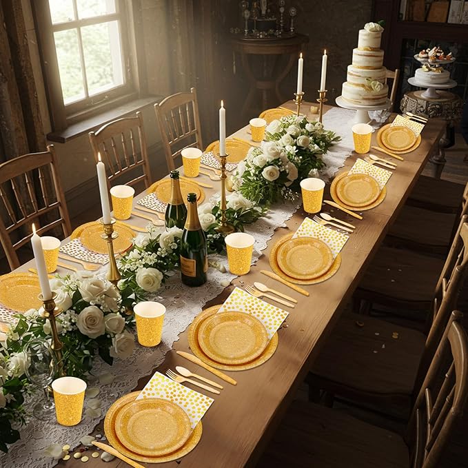 Hushee 175 Pcs Gold Holographic Print Party Supplies Guests Disposable Dinnerware Set Include Paper Plates, Napkins, Cups, Plastic Cutlery for Wedding Birthday Disco Bachelorette