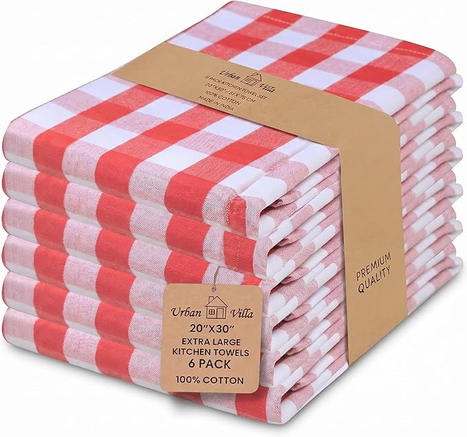 Urban Villa Kitchen Towels 100% Cotton Dish Towels for Kitchen (Set of 6) 20”x30” Dish Cloths Highly Absorbent Kitchen Linen Set with Hanging Loop Perfect for Drying Dishes Cleaning – Red White