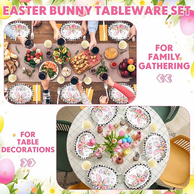 Havawish 350 Pcs Easter Bunny Party Supplies Happy Easter Disposable Tableware Set Buffalo Plaids Eggs Bunny Oval Paper Plates Cups Napkins Fork Knife Spoon for Spring Holiday Party Dinner Table Decor