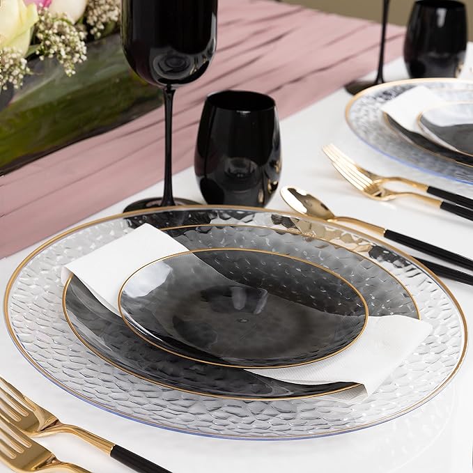 PLASTICPRO 30 Pack Heavyweight Disposable Plastic Plates - Elegant Transparent Black With Gold Rim, 9'' INCH PLATES