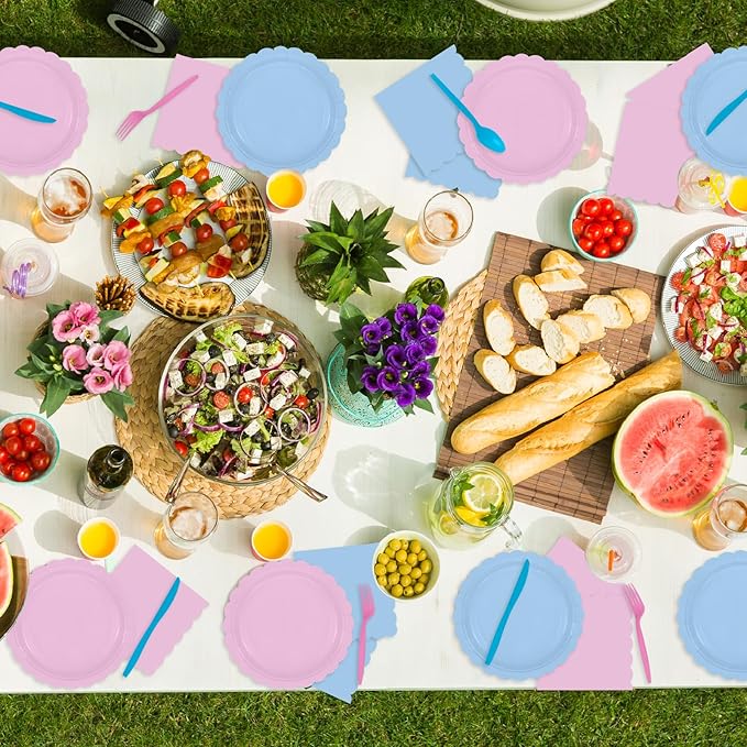 140 Pcs Baby Gender Reveal Plates and Napkins, 20 Guest Boy or Girl Gender Reveal Party Supplies Include Light Pink and Light Blue Plates Napkin Cup Plastic Spoon Fork Knive for Baby Shower