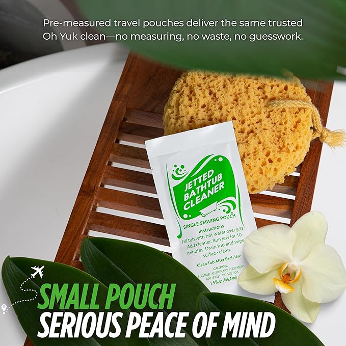 Oh Yuk Jetted Tub Cleaner – Jetted Tub System Cleaner for Bathtub Jet Systems, Jacuzzi & Bath Jets – Jet Tub Cleaner for Hygienic Cleaning and Peace of Mind – 4X Travel Size Pouches Pack