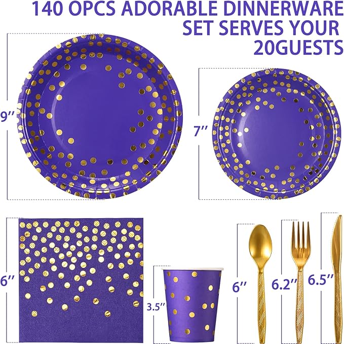 Purple and Gold Party Supplies 140 Pieces Golden Dot Disposable Party Dinnerware - Purple Paper Plates Napkins Cups, Gold Plastic Forks Knives Spoons for Baby Shower, Wedding, Graduation