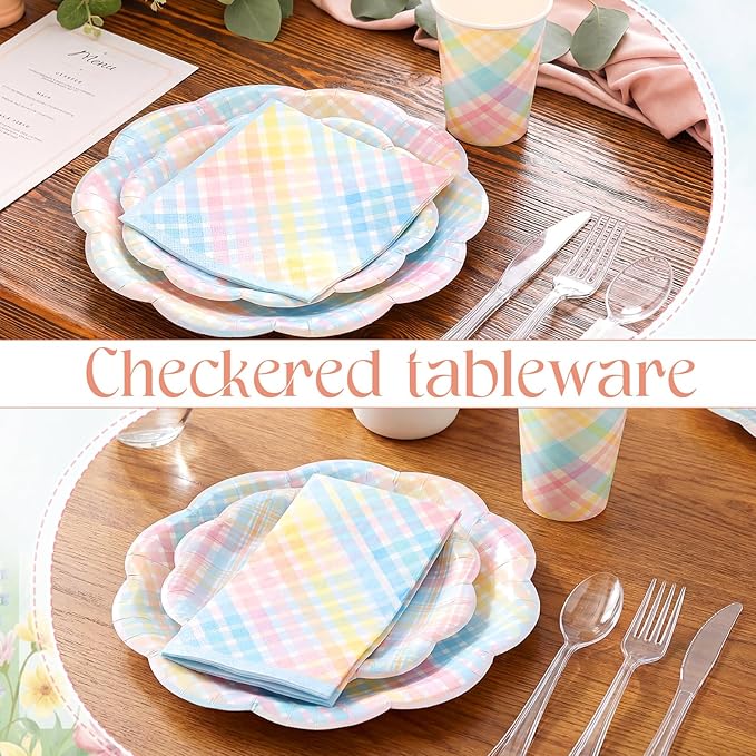 FillTouch 50 Sets Pastel Gingham Disposable Tableware Pastel Paper Plates Cups Napkins Clear Knives Forks Spoons for Birthday Baby Shower Wedding Party Decoration