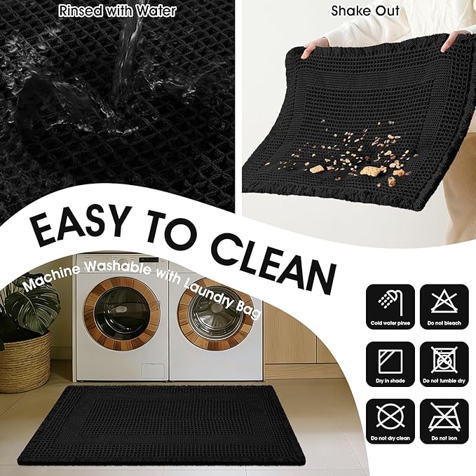 Upgraded Waffle Bath Mat, 36"x24" Black-Looped, Super Absorbent Non-Slip Quick Dry Bathroom Rugs with Tassels, Machine Washable Ultra Soft Boho Bath Rugs for Floor, Toilet Mats Boho Farmhouse Decor