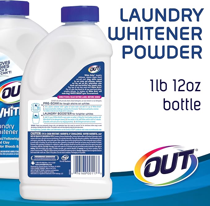 OUT White Brite Laundry Whitener Powder, Stain Remover Detergent Booster for Clothes, Removes Red Clay and Rust Stains on White Clothing and Uniforms, 28 Ounce - Pack of 2