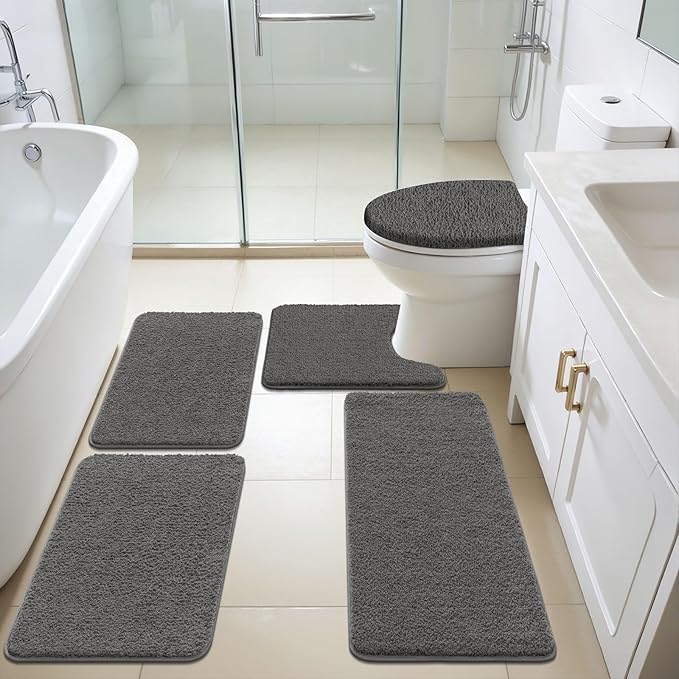 SHACOS Microfiber Bathroom Rugs Set 5 Pieces with Toilet Lid Cover Ultra Soft Absorbent Bath Mat U Shape Contour Rug for Bathroom, Non Slip Machine Washable Bath Runner Rugs for Bedroom, Kitchen, Grey
