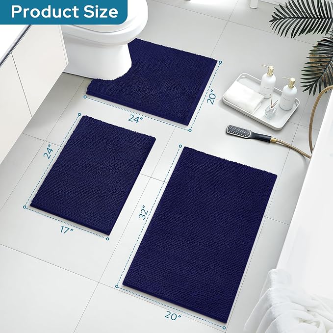BYSURE Navy Blue Bathroom Rugs Sets 3 Piece Non Slip Extra Absorbent Plush Chenille Soft Washable Bath Mats